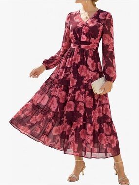 NWT Grace Karin Burgundy Floral Chiffon Dress